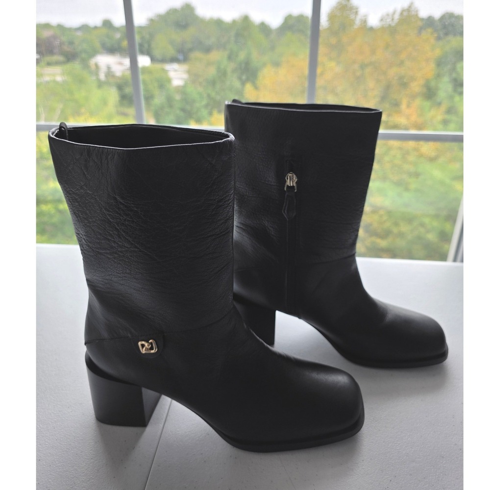 Aerosoles Oro Black Leather Square Toe Mid-Calf Boots 9.5M Chunky Block Heel